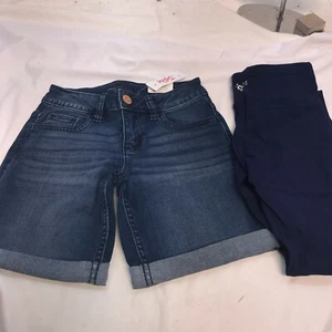 2 X NWT Justice Girlfriend Girls Denim Shorts Med Wash + Navy Leggings Size 8 - Picture 1 of 9