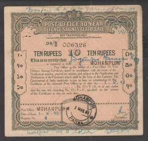 British India 1940 Issue 10 Years Defence Savings Certificate 10 Rupees - Picture 1 of 2