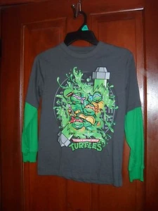 Boys L/S TMNT NINJA TURTLES TEE SHIRT + BEANIE HAT Green Gray Layered XL 14-16 - Picture 1 of 3