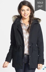 Nordstrom Rubbish Conch Waist Faux Fur Trim Hood Parka Coat Size XS BLACK - Picture 1 of 8