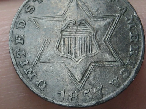 1857 Three 3 Cent Silver Trime- Type 2, XF Details Cover