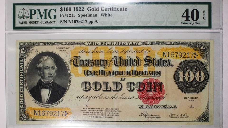 FR. Certificado de oro 1215 1922 $100 PMG XF40 - tamaño grande Foto 1 de 2