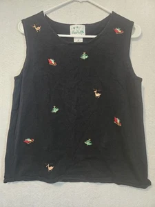 Quacker Factory Womens Black Holiday Embroidered Tank Top M Ramie Cotton Blend - Picture 1 of 7