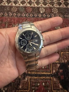 Seiko Chronograph Watch Men 39mm Blue Dial Stainless Steel Date Round - Picture 1 of 5