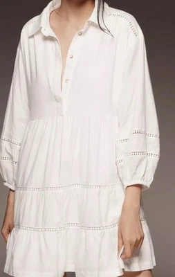 Anthropologie Maeve Bettina Cream Linen Blend Mini Shirt Dress Medium - Image 1 of 4