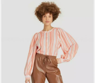 Blusa A New Day Coral Abotonada-Mediana-Mangas Globo-Cuello Mandarín-NUEVA Foto 1 de 4