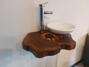 Kompletter Waschtisch Massivholz Holz Platte Baumkante Gäste WC Bad Waschbecken - Bild 1 von 11