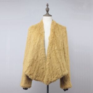 Wome's 100% Real Rabbit Fur Jacket Hand Knitted Casual Short Cardigan Coat Tops