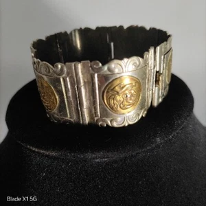 Vtg 925 Sterling Silver Sign Mexico Taxco Two Tone Aztec Hinge Scallop Bracelet  - Picture 1 of 17