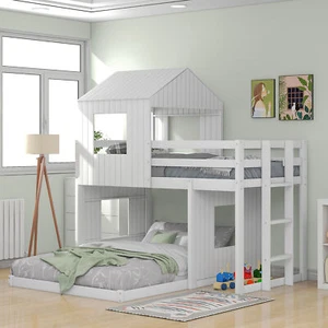 Wooden Twin Over Full Bunk Bed, Loft Bed with Playhouse, Farmhouse, Ladder and G - Picture 1 of 11