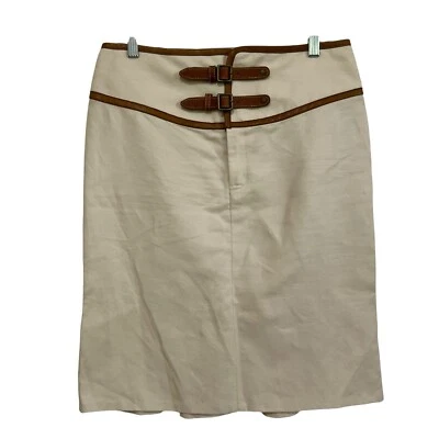 Falda Ralph Lauren Algodón Lino Doble Hebilla Cuero Borde Largo Medio Beige Talla 8 Foto 1 de 4