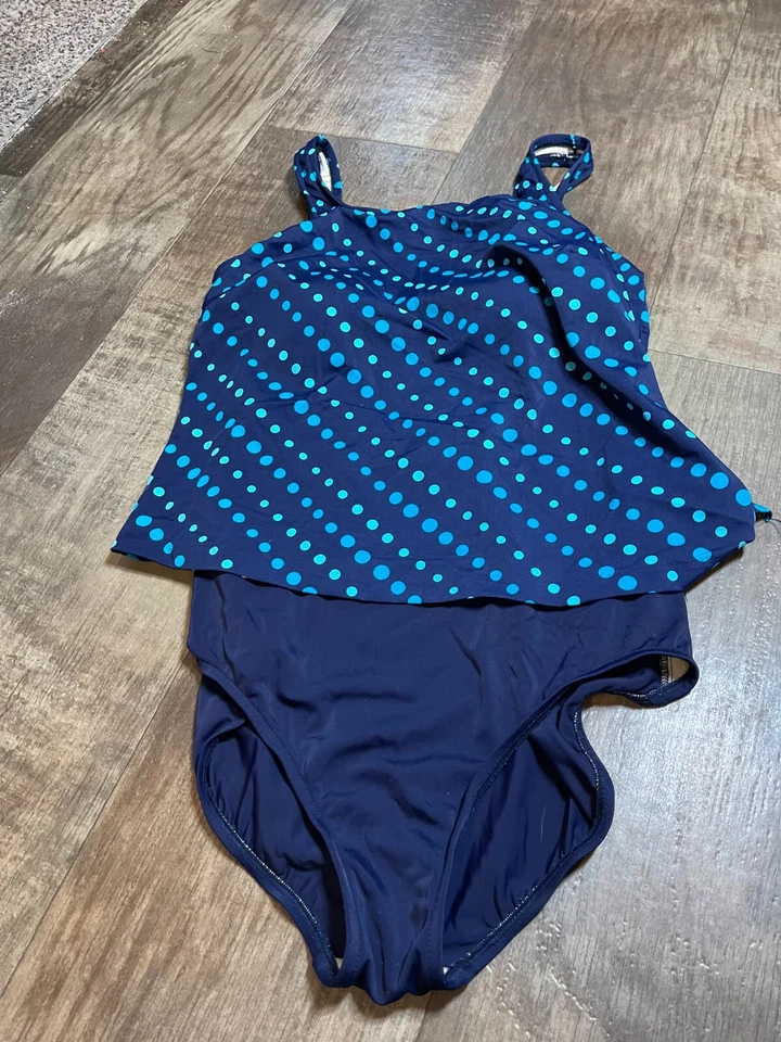 Maxine of Hollywood Bathing Suit Womens Size 14 Blue Polka Dot One Piece - Image 1 of 4