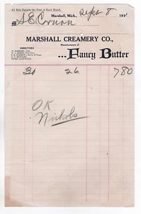 1911 MARSHALL CREMERY CO BILLHEAD FANCY BUTTER MARSHALL MI - Bild 1 von 2