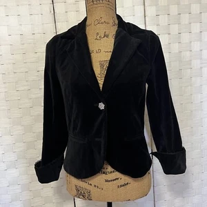 Old Navy Velvet Blazer Jacket Lace Trim Rhinestone Button Black Size S - Picture 1 of 9