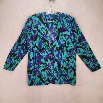 复古 80 年代绿色女式西装外套复古印花韩式 V 领五颜六色的 Maximalist L 码 — 第 1/4 张图片