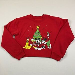 Disney Sweater Women’s Medium Cropped Mickey Minnie Mouse Christmas Tree Holiday