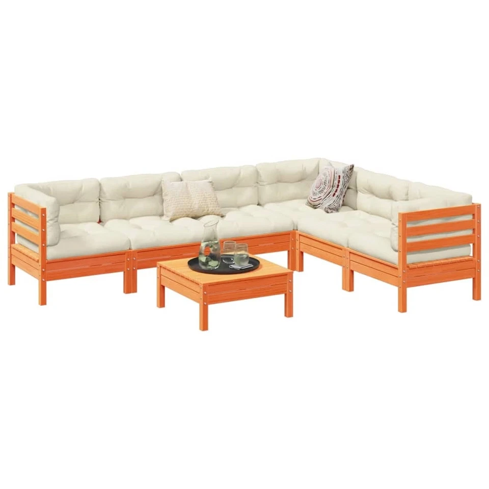  Juego Sofá Jardín Cera Marrón Madera Maciza de Pino, Tela Oxford, Algodón PP Foto 1 de 1