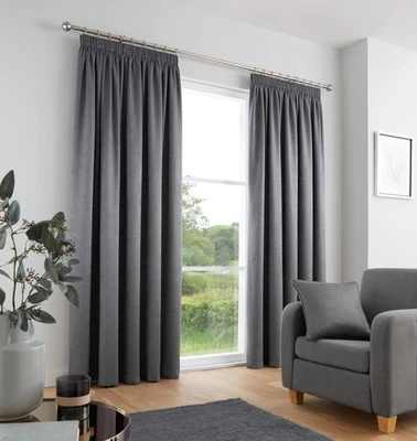 Fusion Charcoal Grey Pencil Pleat Curtains – 100% Cotton – Thermal & Sound- - Image 1 of 4
