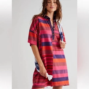 Free People Charlie Tee Dress pink phenom Stripe Print Collared Short Sleeve - Picture 1 of 15
