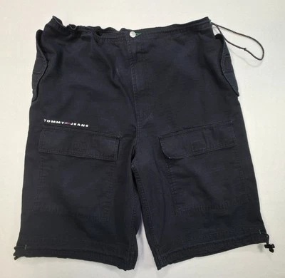 90s Tommy Hilfiger Shorts Men XL Black Denim Jeans Wide Ripstop RARE Cinch Cords - Image 1 of 4