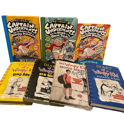 9x Book Lot Diary Of A Wimpy Kid & Captain Underpants by Jeff Kinney Dav Pilkey - Image 1 of 4