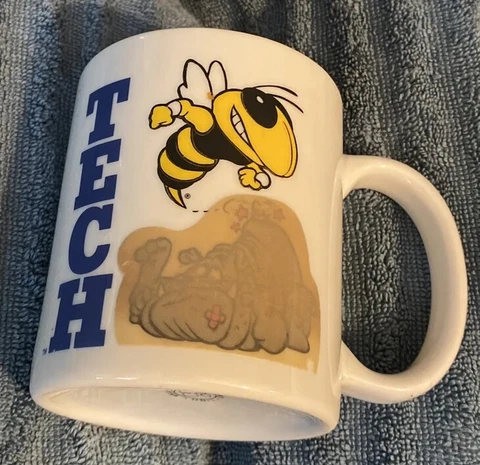 Georgia Tech Yellow Jackets Cup Coffee Ceramic Mug White W Bulldog Beat Up Cover