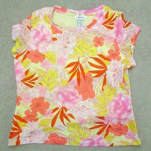 George Blusa Top Donna Tg XL Giallo Rosa Floreale Manica Corta Poliestere - Foto 1 di 5