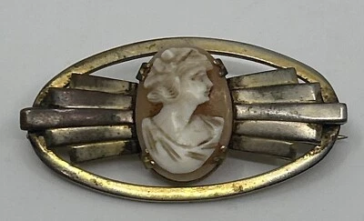 Vintage Cameo Carved Shell Pendant Brooch Lapel Pin Art Deco Frame Gold Toned - Image 1 of 4