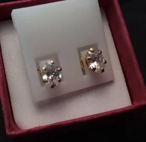 Sterling Silver Gold Plated Marquise Cut Cubic Zirconia Signed DF Post Earrings - Picture 1 of 7