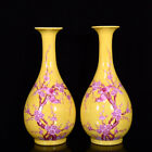 A Pair Chinese Yellow glaze Porcelain Handmade Exquisite Flower&Bird Vase 19036