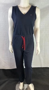 Tommy Hilfiger Blue Cotton Sleeveless Jumpsuit V-Neck Waist Drawcord Womens Sz L - Picture 1 of 16