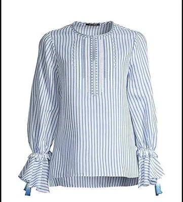 Blusa para mujer Kobi Halperin Selma a rayas con borla y mezcla de seda azul talla S Foto 1 de 4