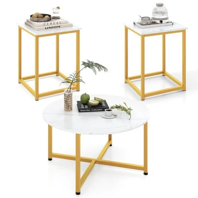 Round Nesting Table Set of 3, Modern Faux Marble Coffee Table w/2 End Tables,... - Image 1 of 4