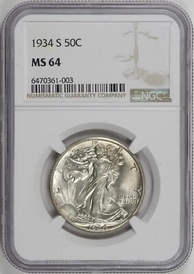 1934-S Walking Liberty Half Dollar 50c NGC MS64, Lightly Toned Original [BN003] - Image 1 of 4