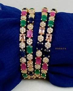 Indian Bollywood Gold Plated 4 PC Bangle Multi AD Bracelet Women Jewelry Fashion - Picture 1 of 4