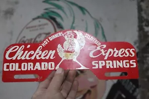 INSEGNA TOPPER PIASTRA METALLO VERNICIATO MOLLE POLLO EXPRESS COLORADO ANNI 50 FOOD BIRD - Foto 1 di 18