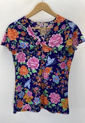 VTG 70s Top Floral Shaw Collar Nylon Colorful SZ M - Image 1 of 4