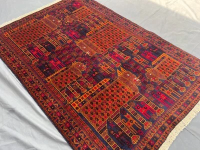 Afghan Lion Pictorial Rug 4'1x6 – Handmade Tribal Red Wool Vintage Animal Rug - Image 1 of 4