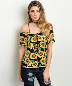 MOCHA Sunflower Open Shoulder Short Sleeve Top - S, M, L - Picture 1 of 2