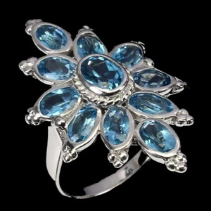Silver Ring Blue Topaz Genuine Natural Gems Solid Sterling Size R US 8.75 - Picture 1 of 24