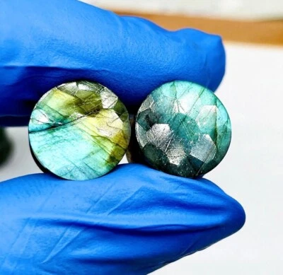 Pair Natural Green Fire Labradorite Faceted Cut Plugs, Handmade Size 3mm to 20mm - Image 1 of 4
