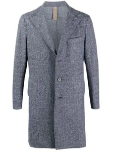 ELEVENTY - Blue Herringbone Suede Detail Logo Button Coat - 44R (54 EU) - Picture 1 of 5