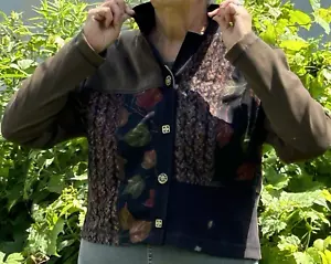 Women's Colorblock Button Jacket Moss Black Leaves Artsy Boho Nina Piccalino Vtg - Picture 1 of 7