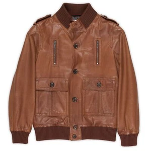 GUCCI Made in Italy Brown Leather Boys Bomber Flight Jacket Size 8 Children - Picture 1 of 7