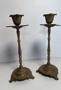 Vintage 9” Brass Candle Sticks Holders Set Pair Footed floral-shaped bobeche - Bild 1 von 18