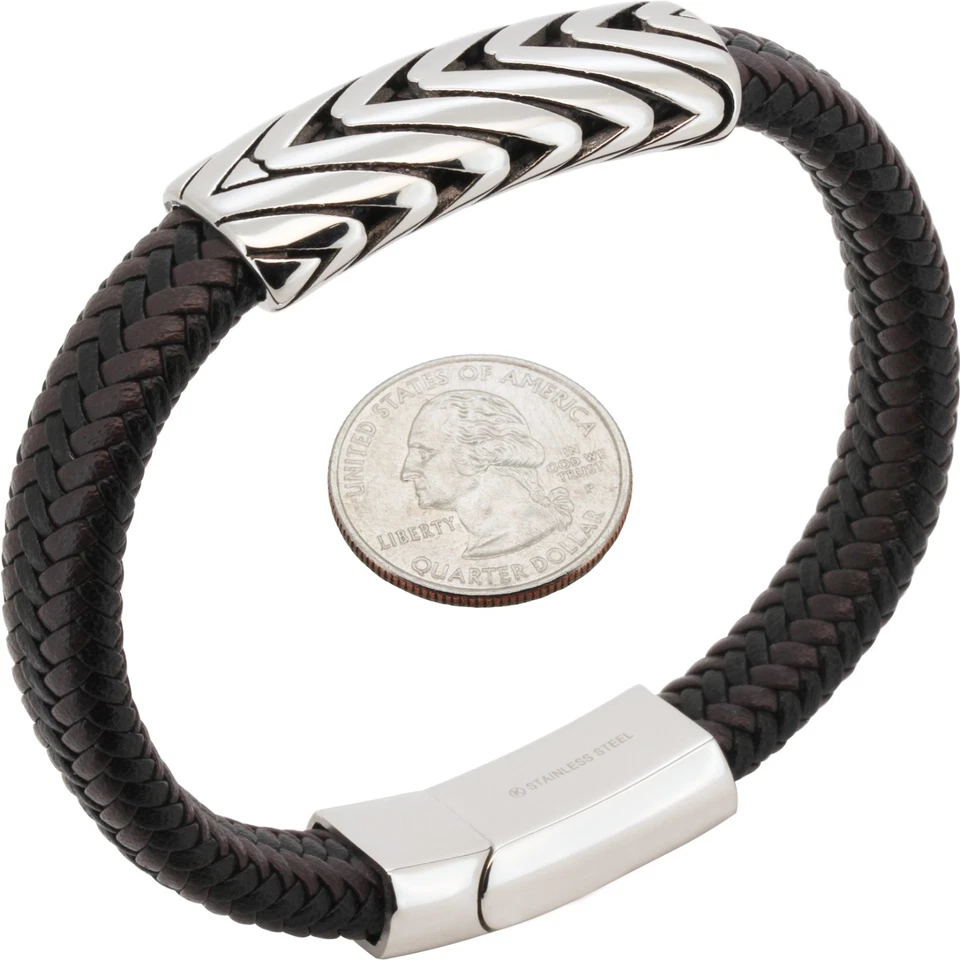 Brazalete de cuero Chevron de 15 mm chapado en oro amarillo de 18 quilates de acero inoxidable 316L 8,5" Foto 1 de 1