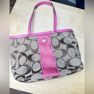 COACH SIGNATURE STRIPE TOTE KHAKI/MULBERRY F21950 - Picture 1 of 11