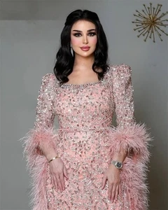 Vestido de noche musulmán rosa manga larga plumas elegante para mujer graduación fiesta - Imagen 1 de 5