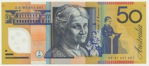 Australia: 1997 $50 Macfarlane Evans 1ST PREFIX AA97 UNC 407407 Repeater number - Bild 1 von 2