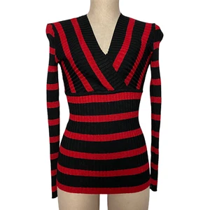 INC Women Shirt Long Sleeve V Neck Ribbed Stretch Red Stripe Black Petite PL NEW - Picture 1 of 4